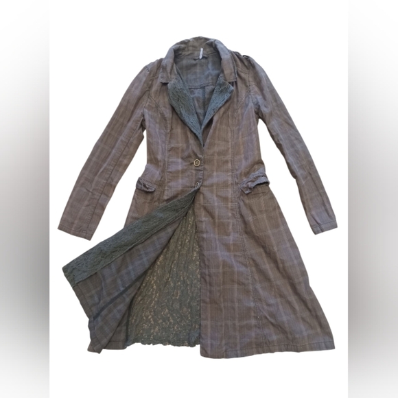 Free People Gray and Black Trench Coat EUC Vintage-Inspired Size 10 - Picture 7 of 12